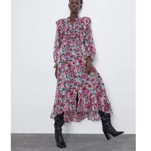 NWT Zara Midi Floral Print Dress With Ruffle Large